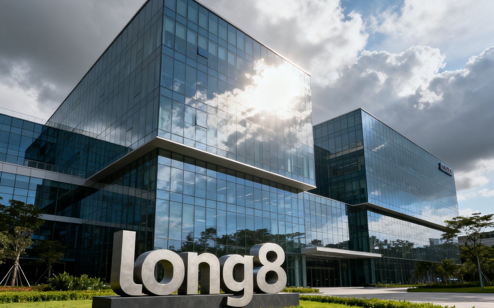 long8深圳总部研发中心大楼外观，现代化玻璃幕墙建筑群坐落于科技园区，楼前绿化带中矗立着long8品牌标识雕塑，阳光透过云层洒在大楼上