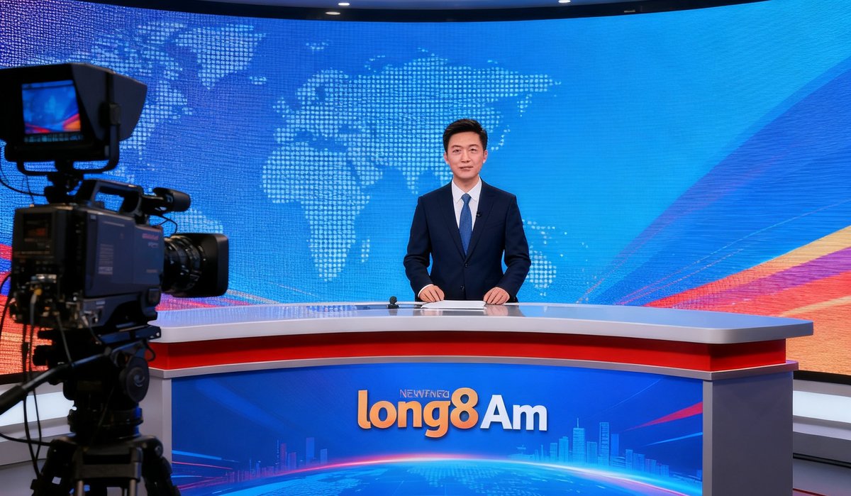 高清演播室内使用的long8AmLED背景屏幕，主持人在屏幕前进行新闻播报，画面色彩还原度极高，无摩尔纹干扰摄像机拍摄