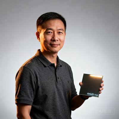 long8CTO林正源博士半身照，42岁男性，短发精干，穿深灰色Polo衫，手持一块AmLED原型面板