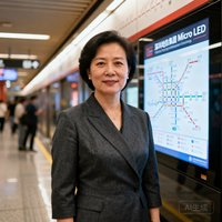 深圳地铁集团项目负责人李明华女士半身照，身着深灰色职业装，站在地铁站台Micro LED屏幕前